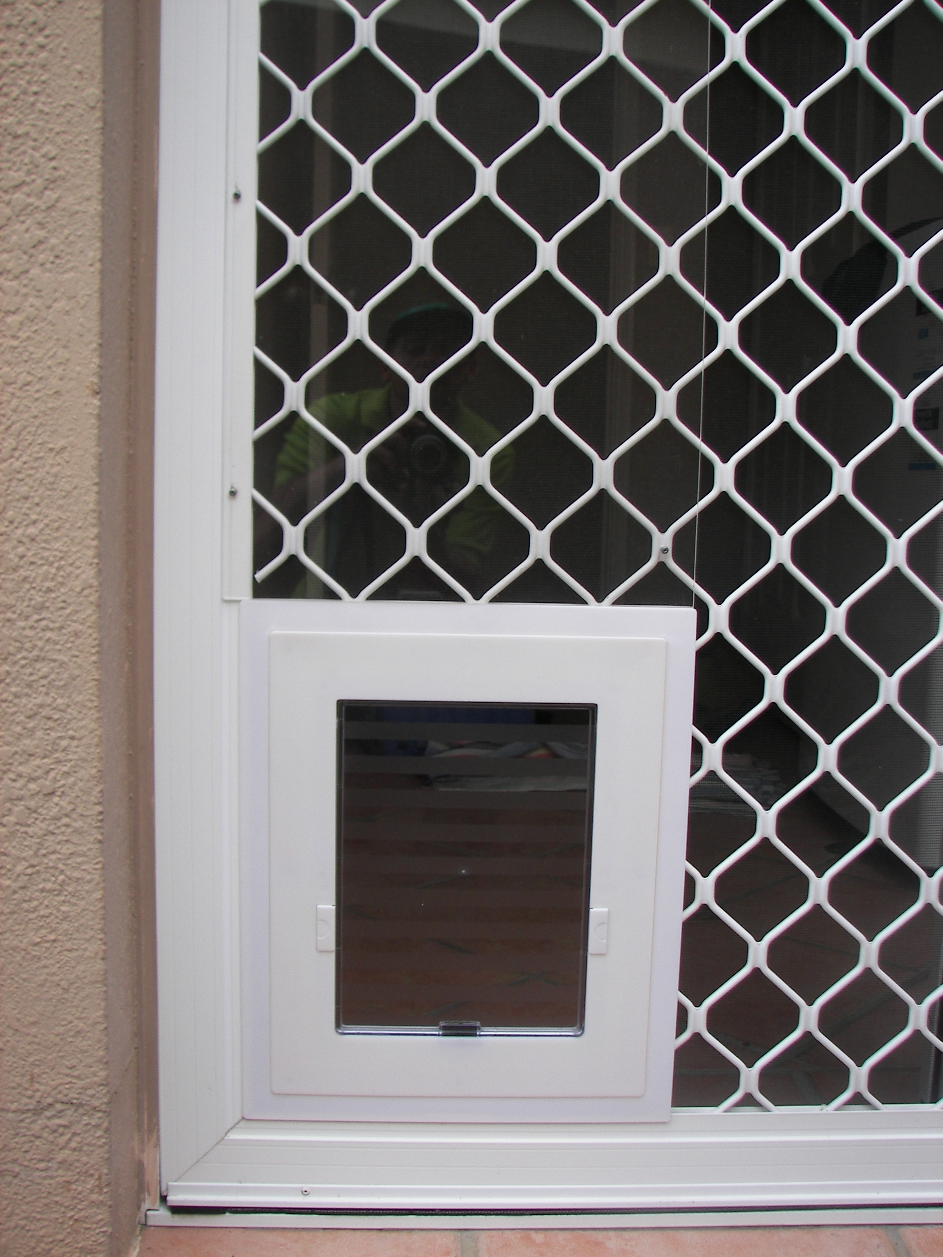 Exterior screen door with built in pet outlet door