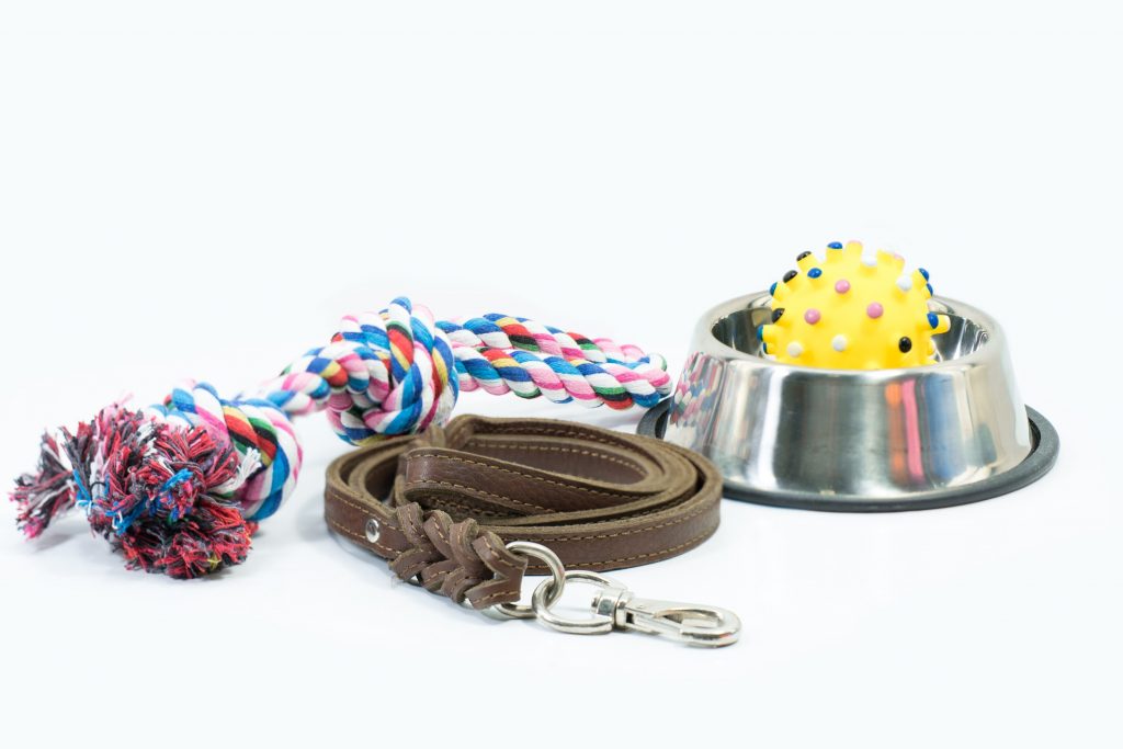 Pet supplies set about stainless bowl, rope, rubber toys